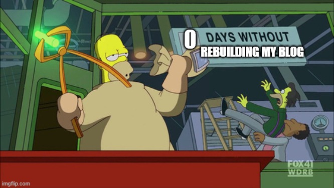 meme showing "0 days since rebuilding my blog"